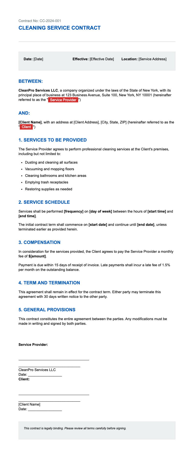 Clinical standard cleaning contract